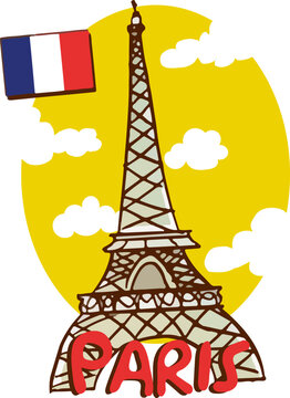 Eiffel tower doodle line sketch icon, Paris symbol, France, French flag cartoon vector illustration.