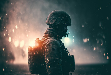 Soldat mit Helm und Uniform im Krieg oder Kriegsgebiet - Generative AI Illustration - obrazy, fototapety, plakaty