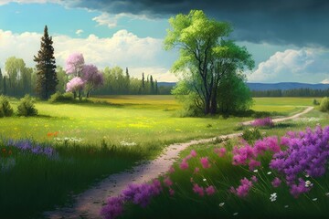 natural green landscape with blooming flower meadow in spring, created with generative ai