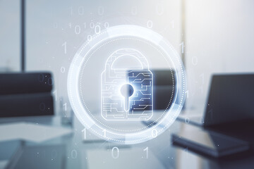 Double exposure of creative lock hologram with chip and modern desktop with laptop on background. Information security concept