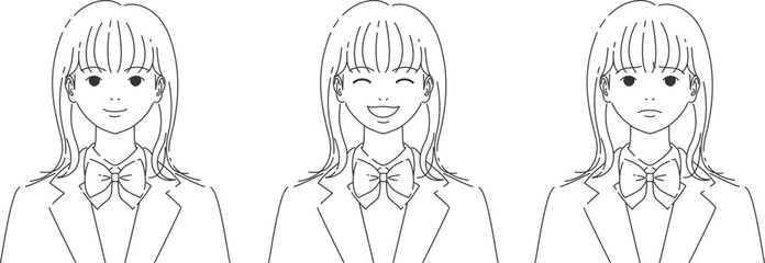 色んな表情の女子高生の正面の顔セットA｜線のみ