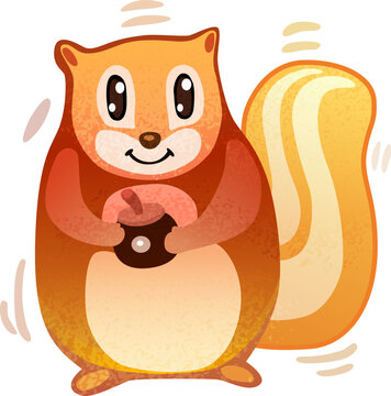 Cute Cartoon Squirrel Holding Hazelnut Vector Illustration, Animal Mascot Character