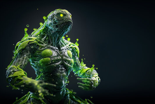 grünes schleimiges Monster vor dunklem Hintergrund - Generative AI Illustration
