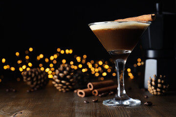 Espresso martini cocktail, delicious alcohol drink, space for text