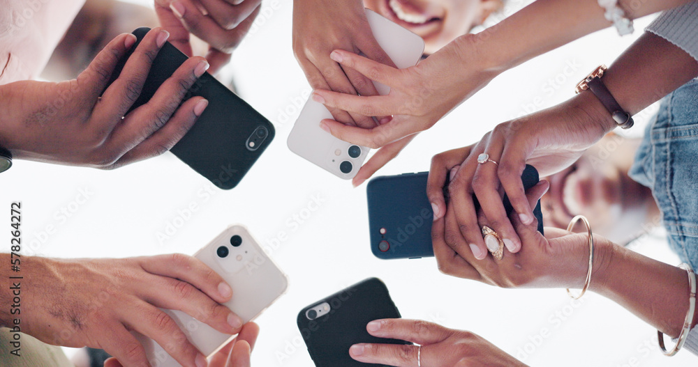 Aufkleber hands, phone and communication with friends standing in a huddle or circle from below for networking