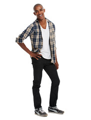 Portrait, body language and confidence with a black man in studio on a white background to promote trendy clothes. Happy, smile and natural with a casual male posing in casual or contemorary clothing