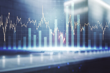 Multi exposure of virtual abstract financial graph interface on blurry contemporary office building background, financial and trading concept