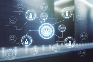 Double exposure of abstract virtual social network icons on modern business center exterior background. Marketing and promotion concept