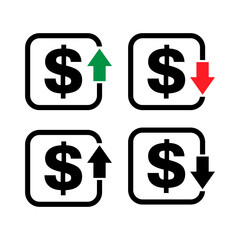 Set of cost symbol dollar increase and decrease icon. Money vector symbol isolated on background