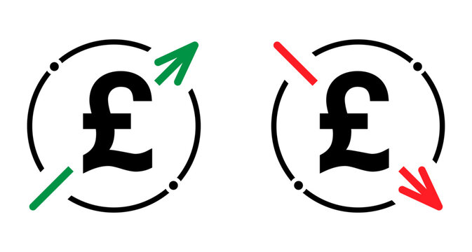 Set of cost symbol pound increase and decrease icon. Money vector symbol isolated on background