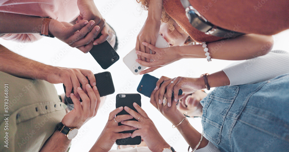 Aufkleber hands, phone and communication with friends standing in a huddle or circle from below for networking