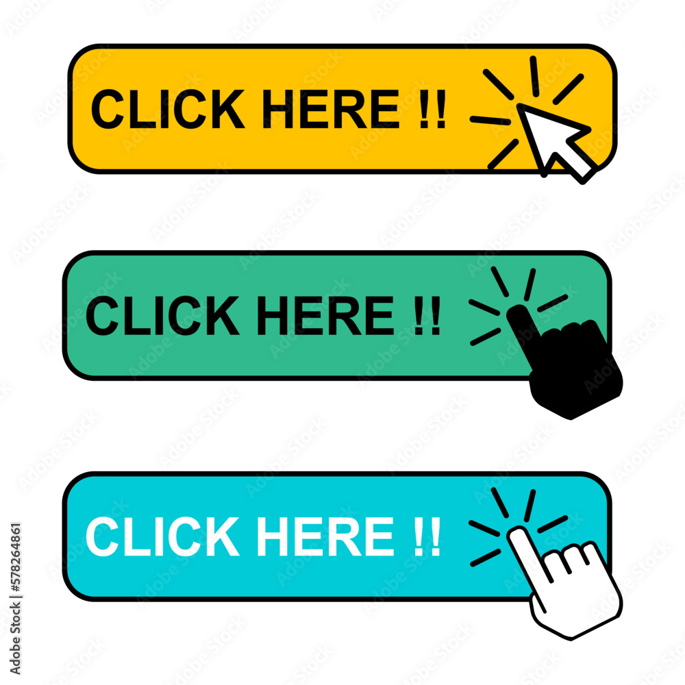 Aufkleber set of click here web button, internet flat pointer design, press link vector illustration