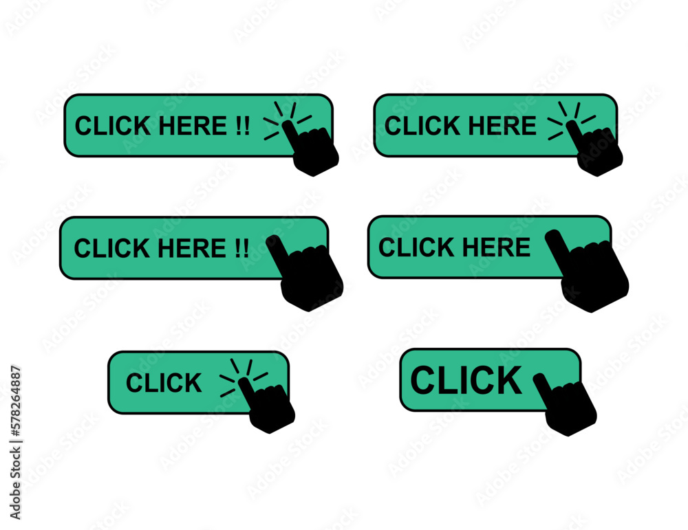 Aufkleber set of click here web button, internet flat pointer design, press link vector illustration