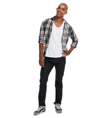 Fototapeta premium Happy black man, studio portrait and smile with confidence, happiness and style from Atlanta. Cool young guy, fashion model and white background with confident student, clothes and handsome person