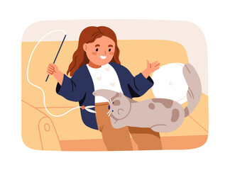 Cute kid playing with funny cat. Happy child and playful kitty with feline toy. Little girl and kitten pet having fun, spending time, leisure, relaxing, resting at home. Flat vector illustration