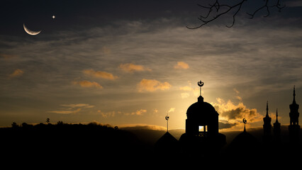 Islamic Shadow Architecture Background,Design Sky Star Ramadan Symbols,Building Eid Ai-Fitr on Landscape,New Year Muharram Religion with Mosques Dome,Moon on Sunset,Arabic,Eid Al-Adha,Mubarak Muslim.