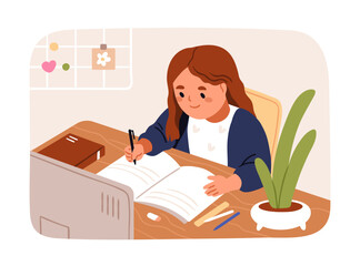 Kid doing homework. Cute school girl studying at home, learning, sitting at desk. Happy little primary child student, elementary schoolgirl character during self-education. Flat vector illustration