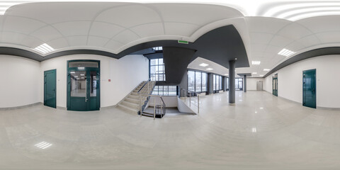 hdri 360 panorama view in empty modern hall near panoramic windows with columns, staircase and...