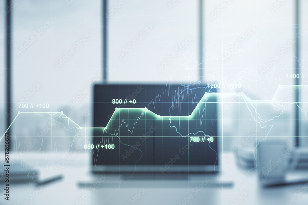 Aufkleber double exposure of abstract creative statistics data hologram on computer background, analytics and 