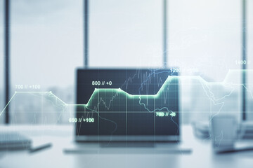Double exposure of abstract creative statistics data hologram on computer background, analytics and forecasting concept