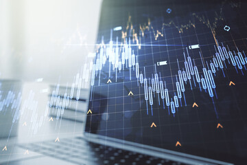 Multi exposure of abstract financial diagram with world map on computer background, banking and accounting concept