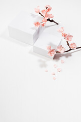 Two tender spring square podiums mockup decorated twig of pink japanese sakura flowers in sunlight on white wood background for presentation cosmetic products, goods, top view, vertical.