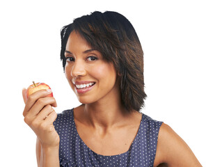 A Brazil black woman is beaming with a smile while clutching an apple, indicating her preference for a healthy and organic diet rich in vitamins and fiber isolated on a PNG background.