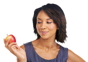 An African girl is consuming a nutritious apple as part of her natural and wholesome diet, demonstrating her mindfulness towards her own wellness isolated on a PNG background.