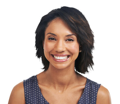 A smiling black woman with a natural lifestyle and happy headshot face and standing confidence with carefree cosmetics and healthy skin isolated on a PNG background