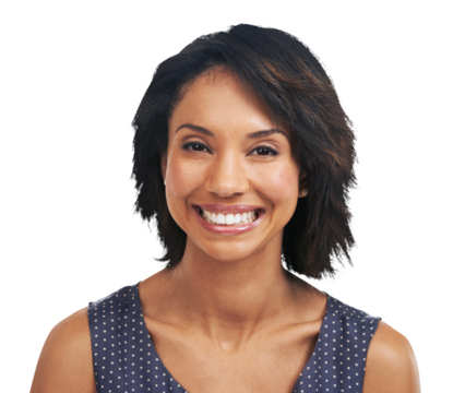 A smiling black woman with a natural lifestyle and happy headshot face and standing confidence with carefree cosmetics and healthy skin isolated on a PNG background