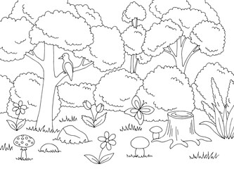 Forest coloring graphic black white landscape sketch illustration vector