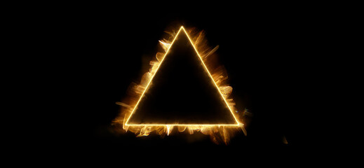 Energy geometric triangle on a dark background. Beautiful futuristic swirling smoke. Mockup for titles, product and logo.  Texture for designer background.