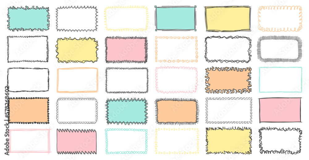 Poster frames doodle vector. set of 30 simple doodle frames. pencil effect framings collection. curve borde