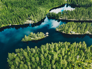 Aerial Finland landscape. Aerial view of blue lakes with rock islands and green woods