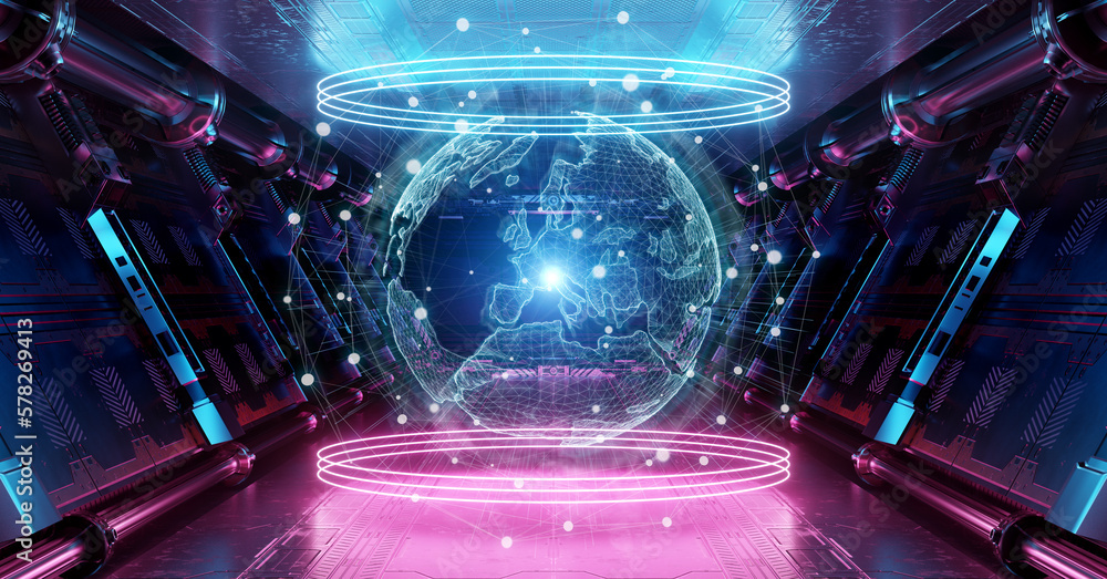 Leinwandbilder Blue and pink spaceship interior with glowing  world map. Futuristic corridor in space station with projected Planet Earth background 3d rendering