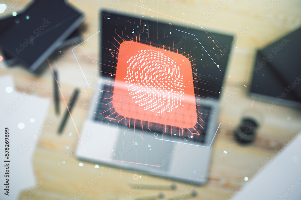 Aufkleber Multi exposure of abstract fingerprint scan interface on computer background, digital access concept