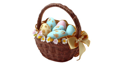 Easter eggs in basket transparent png background generative ai