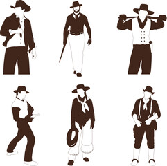 Three silhouettes of men with one wearing a cowboy hat and one wearing a cowboy hat.