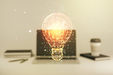 Creative idea concept with light bulb illustration on modern laptop background. Multiexposure