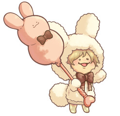 動物型チョコポップを持つ　モコモコ服の男の子　うさぎ　ミルクカラーver