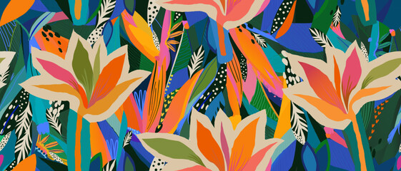 Modern colorful tropical floral pattern. Cute botanical abstract contemporary seamless pattern. Hand drawn unique print. - obrazy, fototapety, plakaty