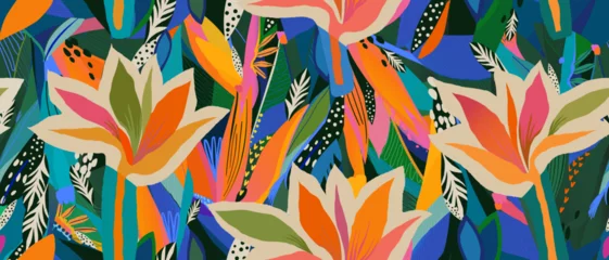 Zelfklevend Fotobehang Modern colorful tropical floral pattern. Cute botanical abstract contemporary seamless pattern. Hand drawn unique print. © Irina