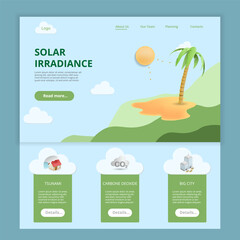 Solar irradiance flat landing page website template. Tsunami, carbone dioxide, big city. Web banner with header, content and footer. Vector illustration. - obrazy, fototapety, plakaty