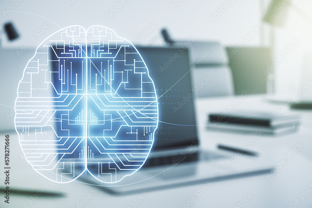 Poster creative artificial intelligence concept with human brain sketch on modern computer background. doub