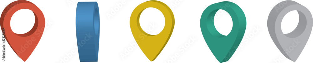 Aufkleber map point of in different colors, location pin isolated from the white background. 3d rendering