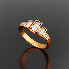 A stunning gold ring with gemstones on a black glossy surface. Perfect for luxury jewelry designs. 3D render