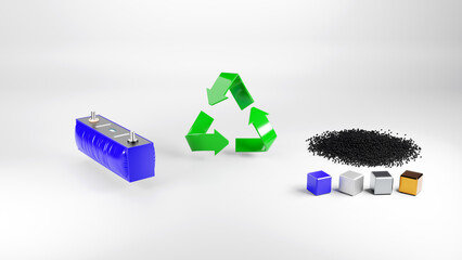Degraded prismatic lithium polymer cell, recycling symbol and lithium battery components. The concept of recycling used lithium batteries. 3D render