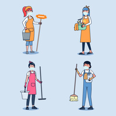 Cartoon maid character. Set of affairs woman housewife