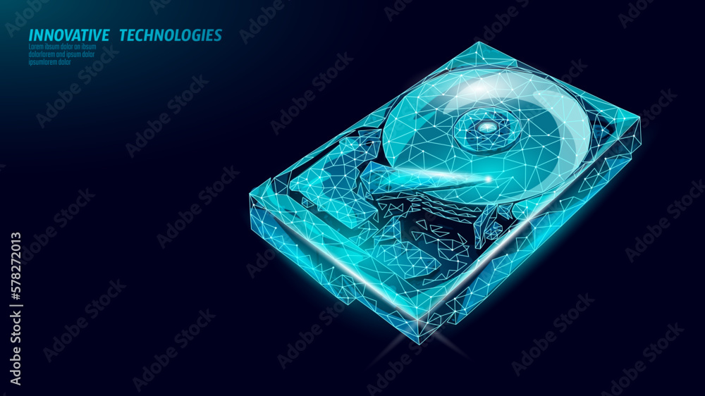 Poster hdd hard disk drive file hardware. 3d low poly information storage record system it technology compu