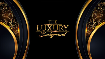 Black and Gold Award Background. Modern Luxury Graphic. Abstract Royal Template Design. Side Curve Dynamic Shape Design Style. Wedding Backdrop Background.